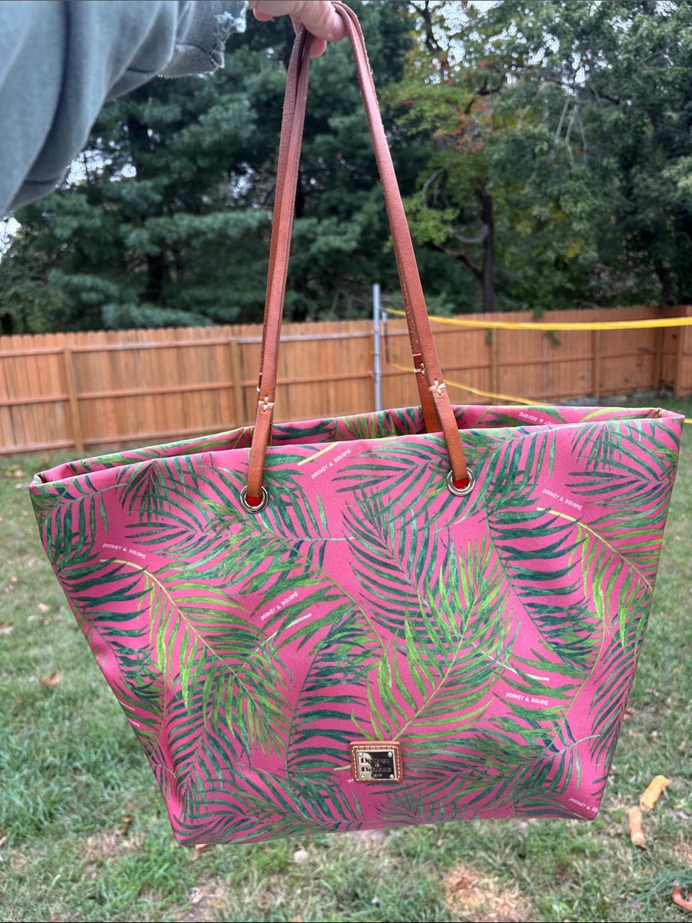 Dooney & Bourke Tropical Pink Palm Print Tote Bag with Brown Straps